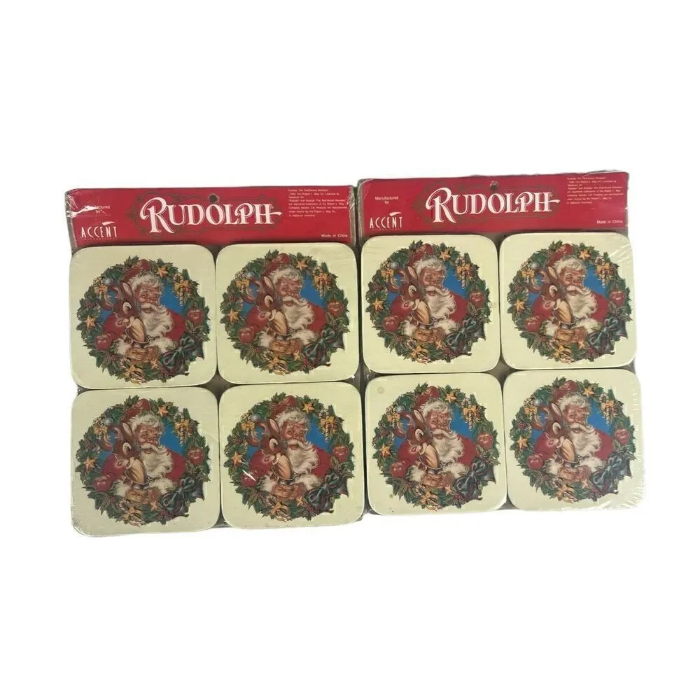 Rudolph & Santa Holiday Coasters Set of 8 Cork Montgomery Ward 1993 vintage